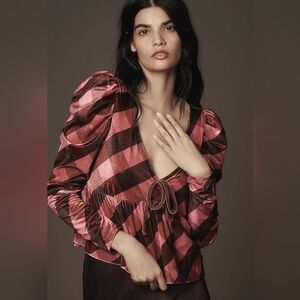 Anthropologie Maeve Velvet Babydoll Top Red Pink Puff Sleeve Large